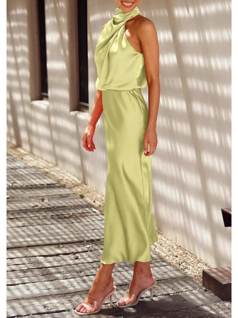 Women's Tender Green Summer Satin Dress Elegant Sleeveless Mock Neck Maxi Dress - Picture 5 of 6